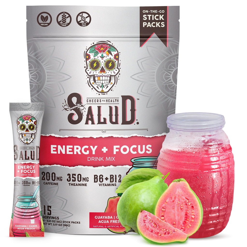 Salud 2-en-1 Poudre de boisson énergisante + Focus, Guava, Caféine biologique, B6 + B12, Théanine, Paquets de boisson énergisante propre, Guayaba Agua Fresca Mix, Non-OGM, Sans gluten, Vegan, 1g de sucre, (15 portions)
