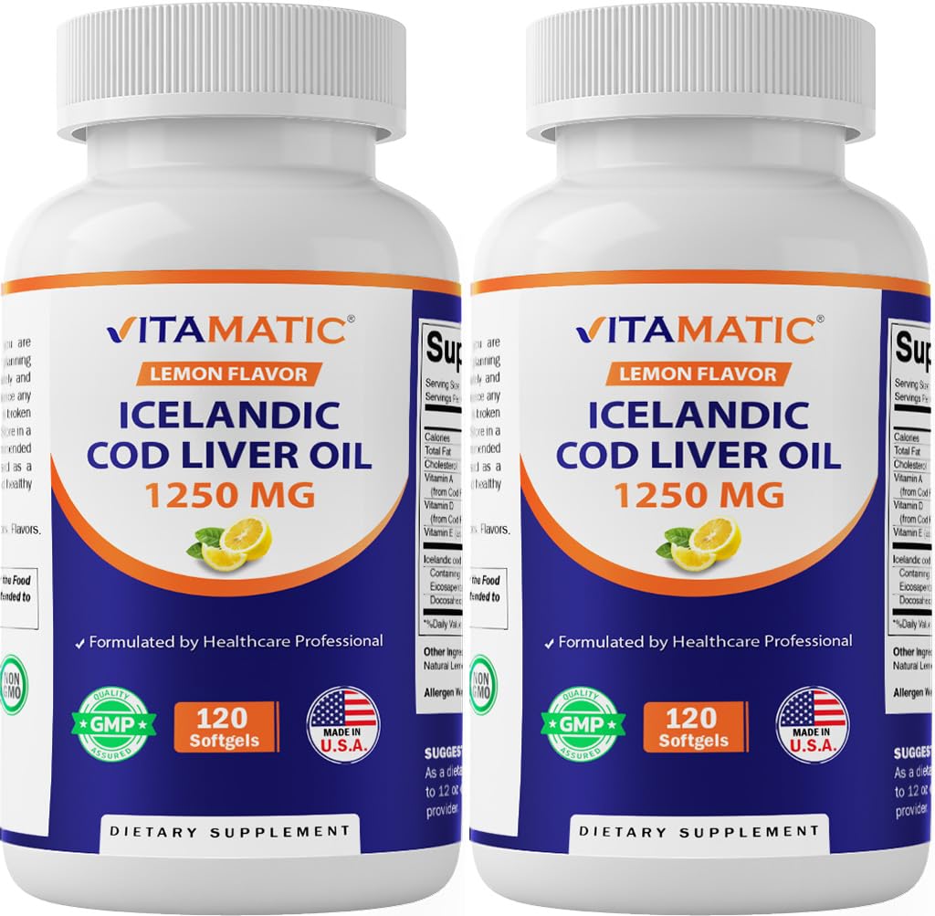 Vitamatic 2 Pack Capsules d'huile de foie de morue islandaise 1250mg 120 Softgels (Lemon Flavor) - favorise la santé cardiovasculaire