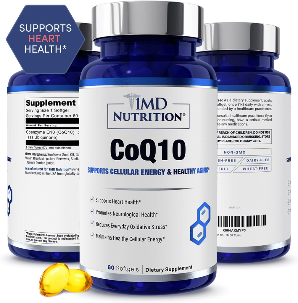 1MD Nutrition CoQ10 - voor hartgezondheid en Cellular Energy Production - Health Supplement for Men & Women - Coenzyme Q10 Softgel - 60 Days