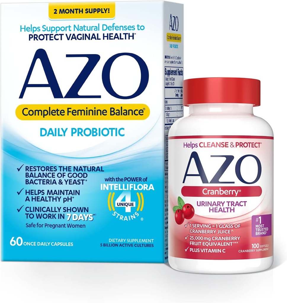 AZO Probiotiques quotidiens complets d'équilibre féminin pour les femmes (60 comtes) + softgels de canneberge pour la santé urinaire (100 comtes)