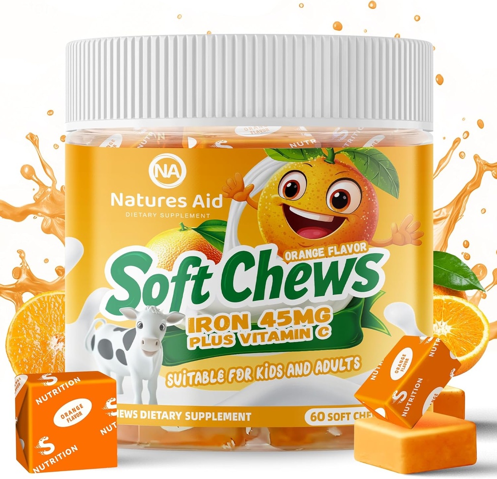 Kauwbare ijzeren supplement voor vrouwen en mannen en kinderen - Sinaasappelsmaak, Iron Vitamin C Zachte kauwgom voor Max Absorptie, Ijzer als Ferrous Fumarate, Ideaal voor Iron Deficency, 2 maanden levering