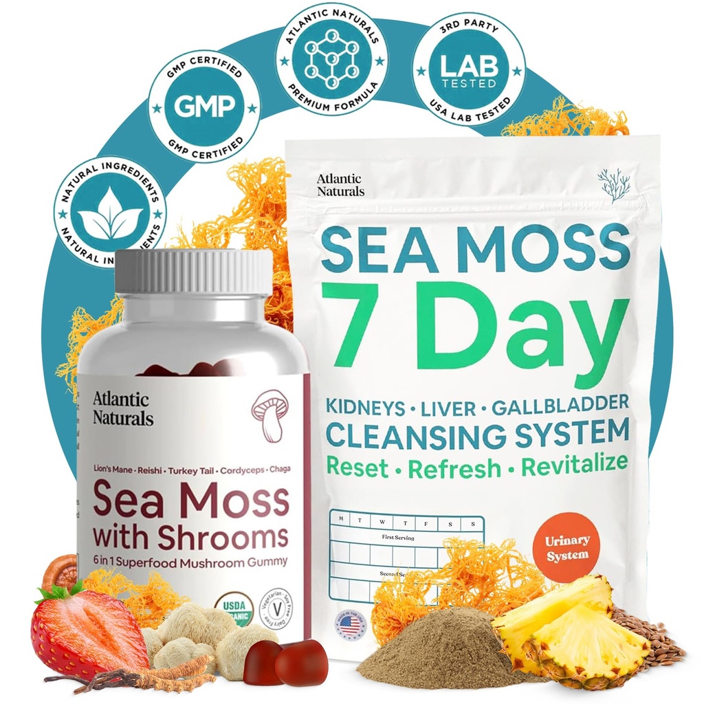 Atlantic Naturals Sea Moss Superfood Bundle - Sea Moss with Shrooms Gummies & 7-Day Nier, Lever & Gallblad Cleanse - Defense, Focus & Detox Support - Lion's Mane, Reishi, Dandelion Root & More