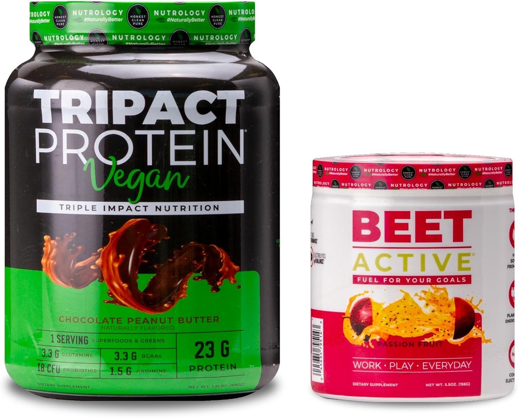Nutrologie TRIPACT Vegan Proteïnepoeder, voor Vegan Proteïne Shakes, Chocolade Pindakaas (20 porties) & Beet Actief, Passie Fruit Smaak (30 porties)
