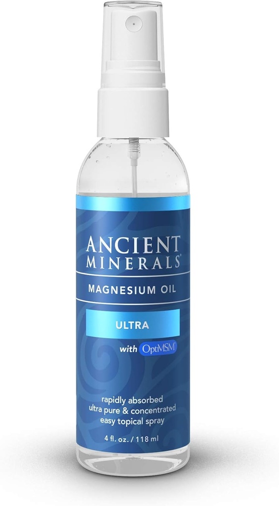 Ancient Minerals Ultra Magnesium Oil Spray met MSM - een Pure Zechstein Topical Magnesium Chloride met de toegevoegde voordelen van OptiMSM (4oz)