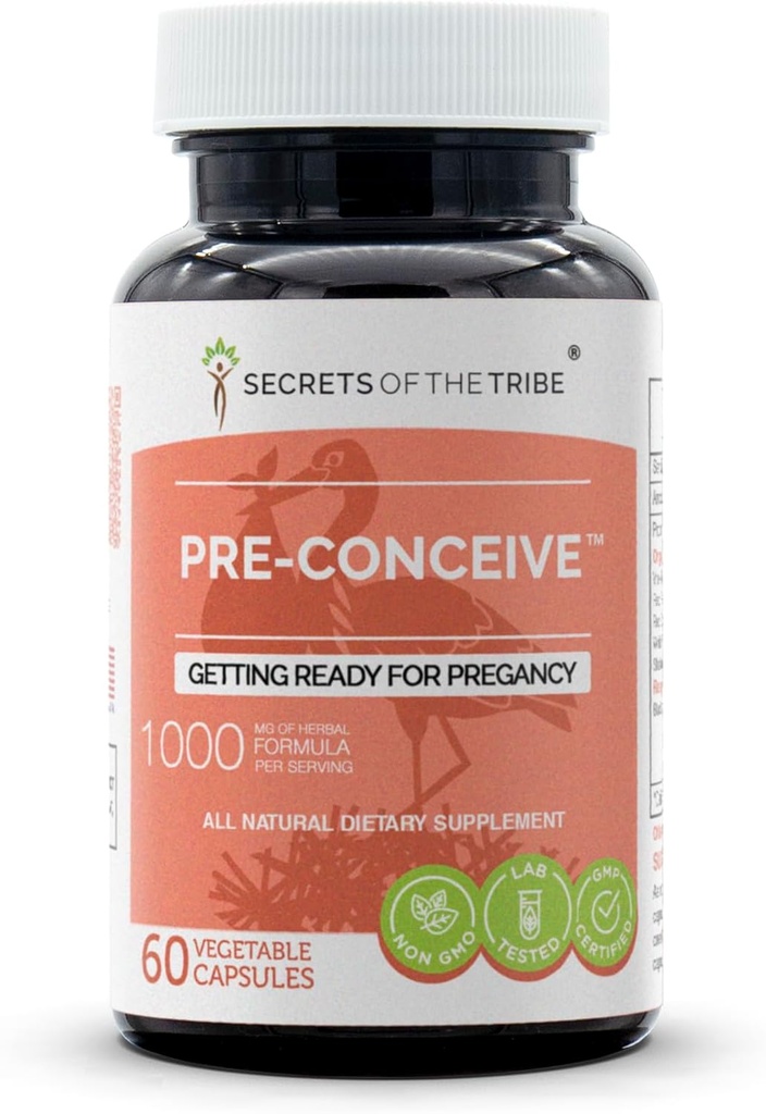 Geheimen van de stam Pre-Conceive, 60 capsules, 1000 mg, Vitex, Red Raspberry, Black Cohosh, Red Clover, White Peony, Shatavari. Klaar voor voorbereiding 60 capsules