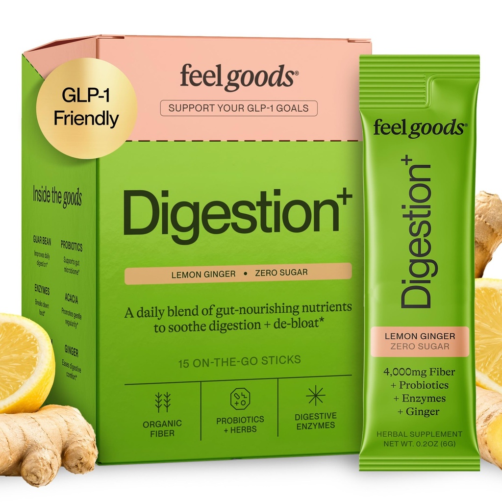 Feel Goods Gut Guardian, Organic Fiber, Probiotic & Prebiotic Powder, Sugar Free, Herbs for Bloat, Gut Health Support, Digestive Health for Men & Women, Non GMO, Vegan, Citroen Ginger, 15 Tel.