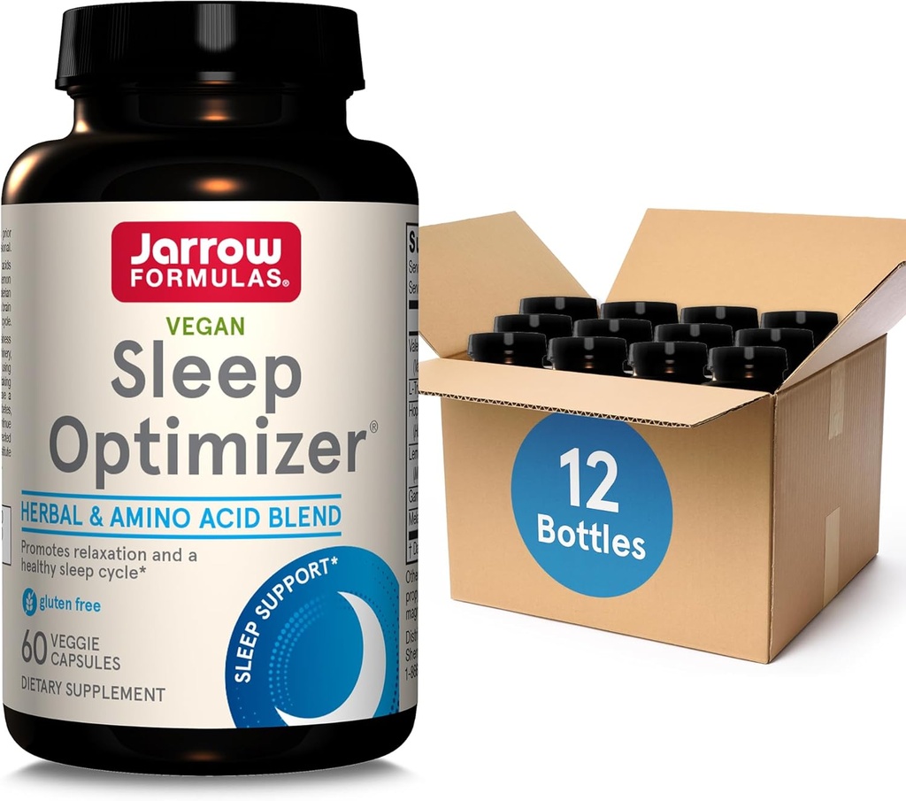 Jarrow Formulas Sleep Optimizer - 60 Veggie Capsules - Promoot gezonde slaapcyclus en ontspanning - Inclusief PharmaGABA, Hop Bloem, Valeriaan, Melatonine & L-tryptofaan 30 porties, Verpakking van 12