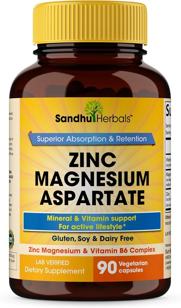 SANDHUHERBALS Zink Magnesium aspartaat Supplement 90 Capsules met vitamine B6 & zink 