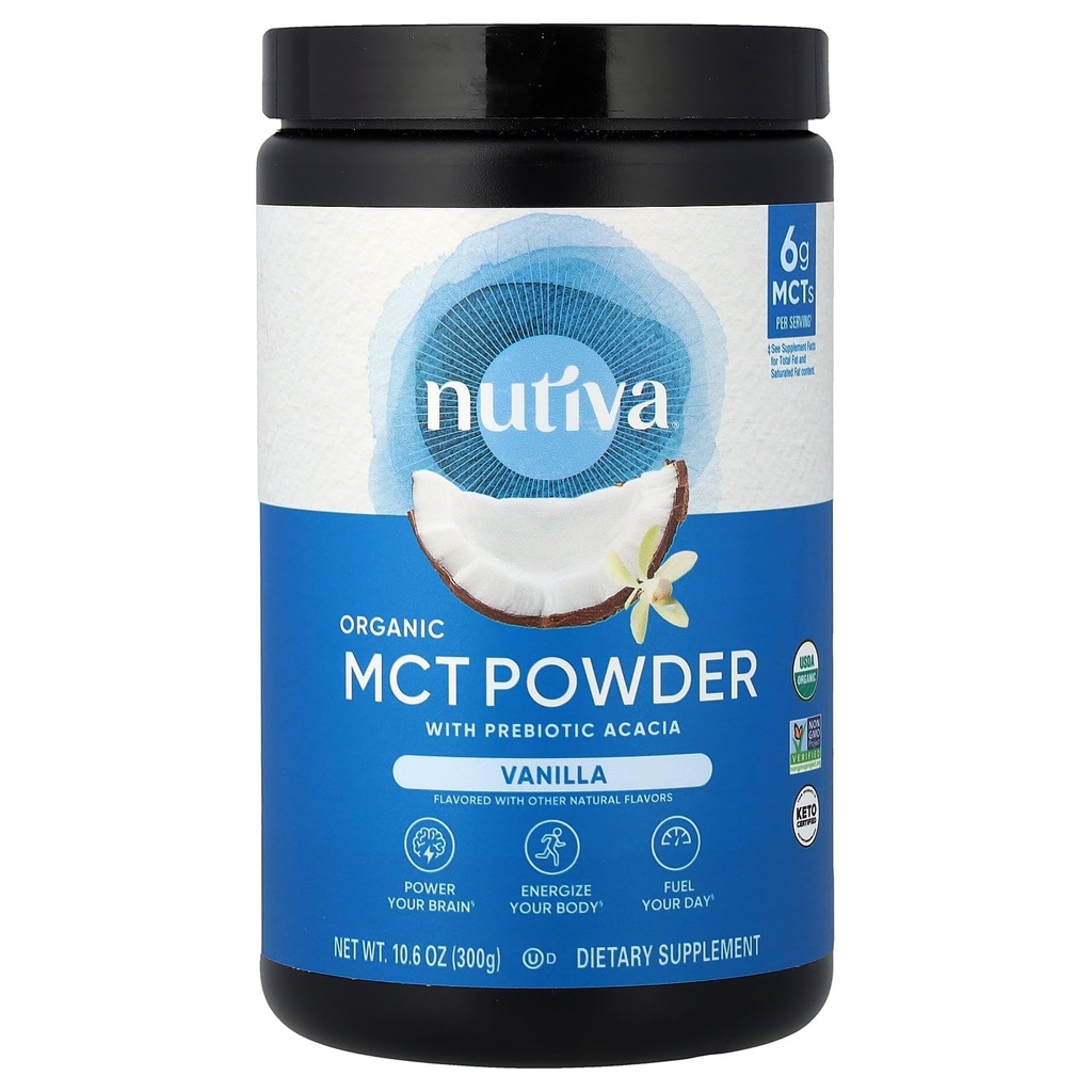 Nutiva Biologische MCT Poeder met Prebiotic Acacia Fiber, Vanilla, 10.6 Oz, USDA Biologische, Niet-GMO, Non-BPA, Veganistisch, Glutenvrij, Keto & Paleo, Instant Drank of Boost to Coffee & Smoothies
