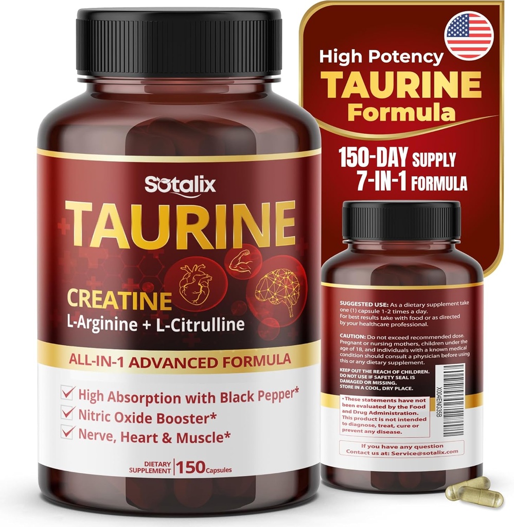 Taurine met Creatine, L-Arginine, L-Citrulline Hoge Absorptie met Black Pepper Nitric Oxid Booster, Muscle USA Made & Tested (150 Count (Pack of 1))