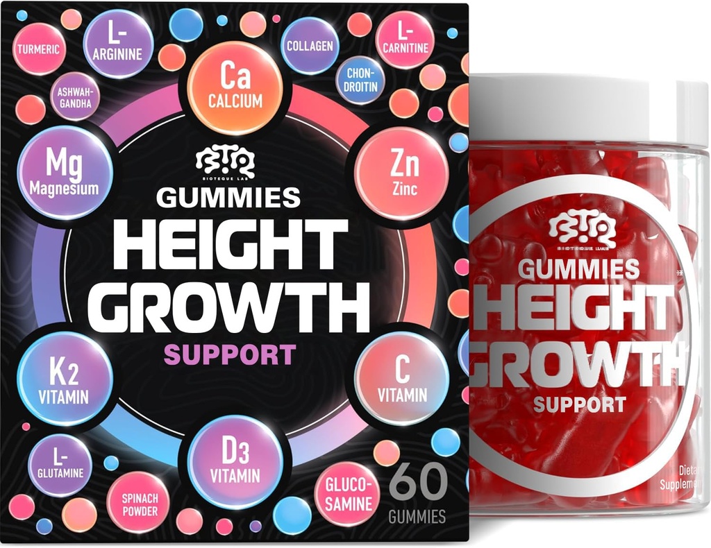 BIOTEQUELAB Augmentation de la croissance de la hauteur Gummies Vitamines, grandir supplément, Calcium, Magnésium, Zinc, Ashwagandha, Glucosamine Multivitamine pour les adolescents, les enfants, les adultes