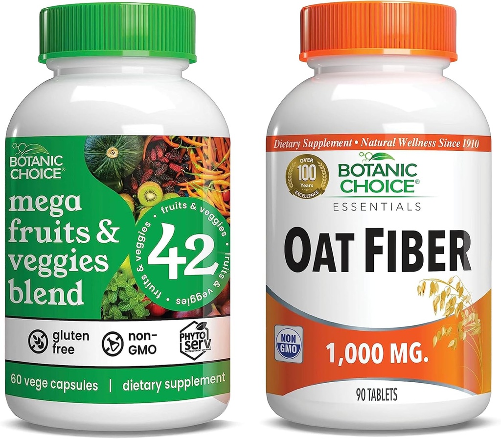 Choix botanique Mélange Mega Fruits et légumes (60 Capsules) + Fibre d'avoine (90 Comprimés) Ensemble - Bilan énergétique et supplément super-alimentaire + Soutien de santé digestif