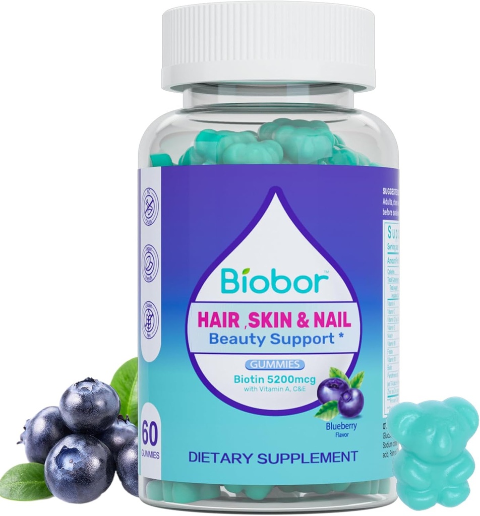 Hair Skin and Nails Vitaminen Gummies5200 mcg Biotin Vegan Chewable Supplement voor vrouwen Mannen met vitamines A C D E, Blueberry Flavored, 60 Tel (Random Packing)