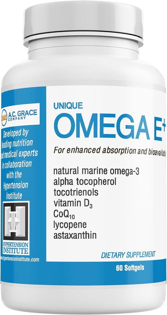 UNIQUE E A.C. Grace Company Omega E+ - Fish Oil Supplement - met Marine Omega-3 vetzuren, Vitamine E, Vitamine D3 en CoQ10 - helpt bij het ondersteunen van hart, hersenen en huidgezondheid - 60 Softgels