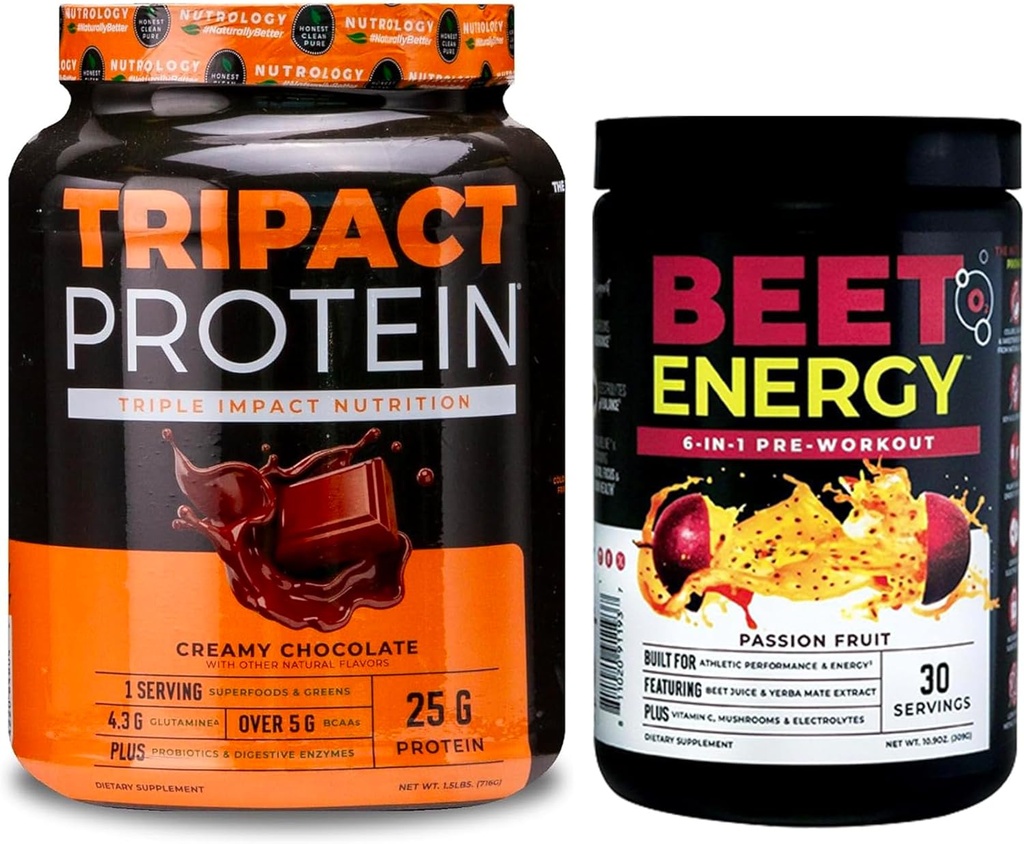 Nutrologie Beet Natural O2, Pre Workout Powder, Passie Fruit Smaak (30 Serves) TRIPACT Proteïne Poeder, 7-in-1 Maaltijd Vervanging Shake, Romige Chocolade Smaak (20 Servers)