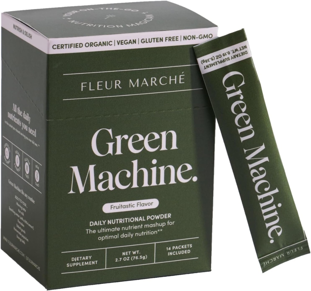 Fleur Marche Green Machine Super Greens Powder Packets - Biologische Groenen, Fruit & Probiotica - Superfoods voor spijsvertering, energie, Microbiome Ondersteuning & Detox - On-The-Go Green Juice - 14 Packets