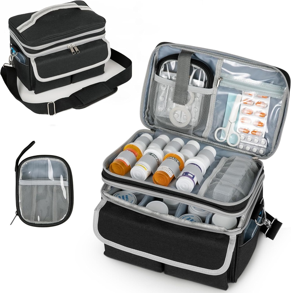 Sac de rangement en médecine, Organisateur de bouteille de pilule avec bandoulière, Boîte d'organisateur de médecine de voyage, Trousse de premiers soins avec petit sac portable, Organisateur de bouteille de médicaments vide noir