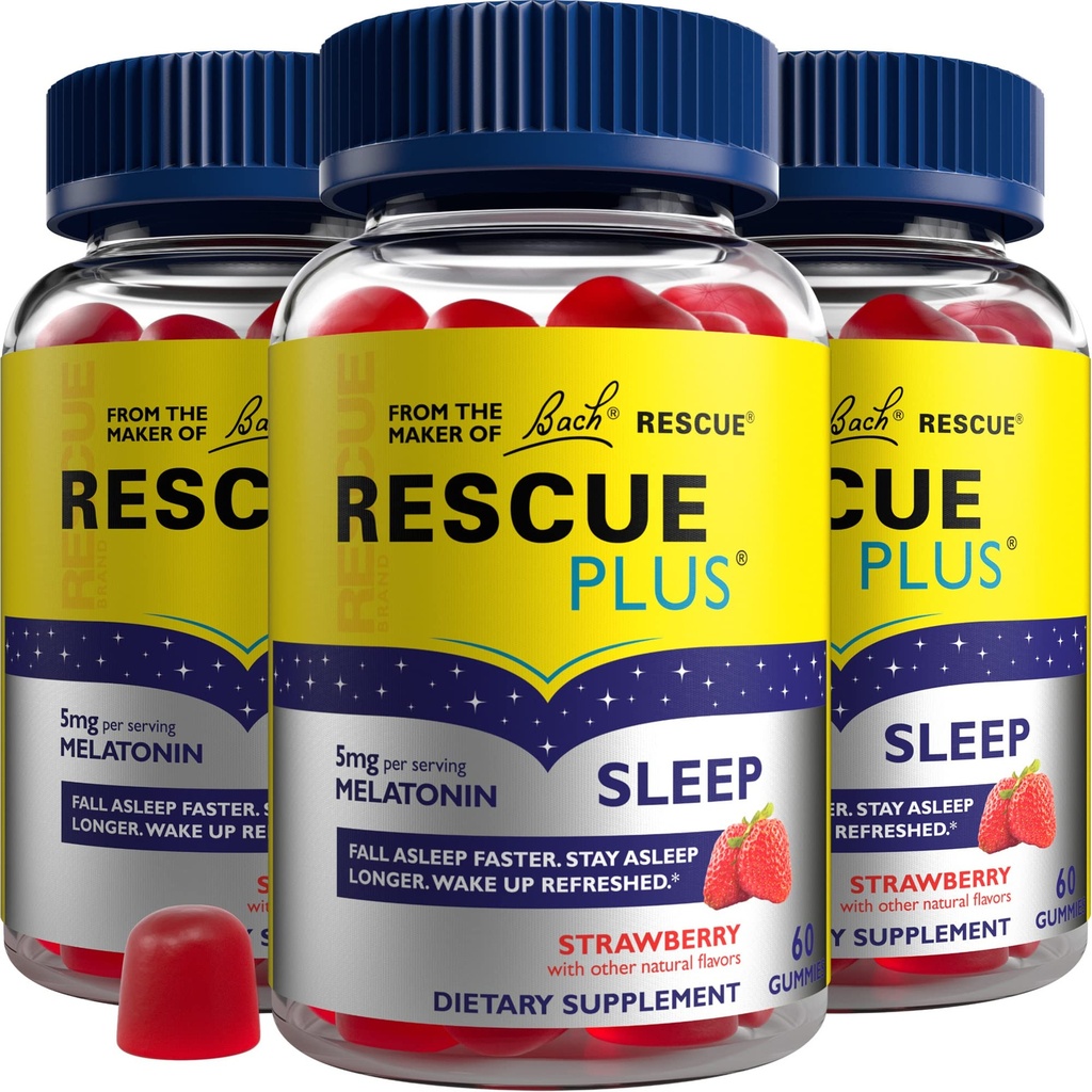 Bach RESCUE PLUS Melatonine Slaap Gummies, Natuurlijke aardbeiensmaak, Slaaphulp, Dieetsupplement, Veganistisch, Glutenvrij, Geen kunstmatige smaken, Kleuren of Zoeteners, 3 Pack, 180 Telt Totaal