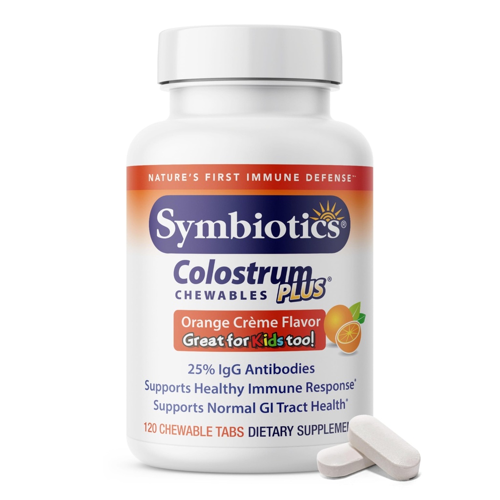 Symbiotiques Colostrum 120ct Chewables Plus - Immunity Support for Adult & Kids - Lactoferrine Supplement & Colostrum Protein - Supports Digestion & Gut - 25% lgG Antibodies, sans gluten - Orange Creme