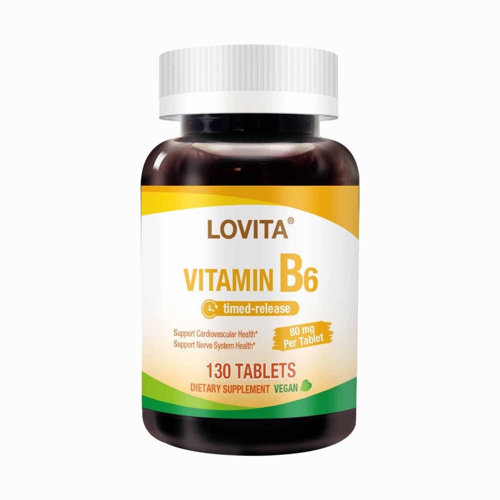 Lovita Vitamine B6 (chlorhydrate de pyridoxine) 80mg, libération dans le temps, 8 heures maintenues, soutien de la santé cardiovasculaire et nerveuse, 130 comprimés végétaliens