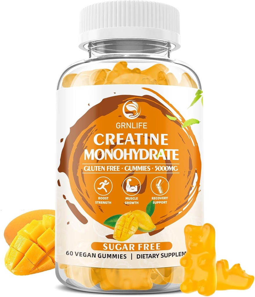 Creatine Monohydrate Gummies for Men & Women, Chewables Creatine Monohydrate for Muscle Strength, Muscle Builder, Energy Boost, Sugar Free, Vegan, Mango Flavor-60 Count