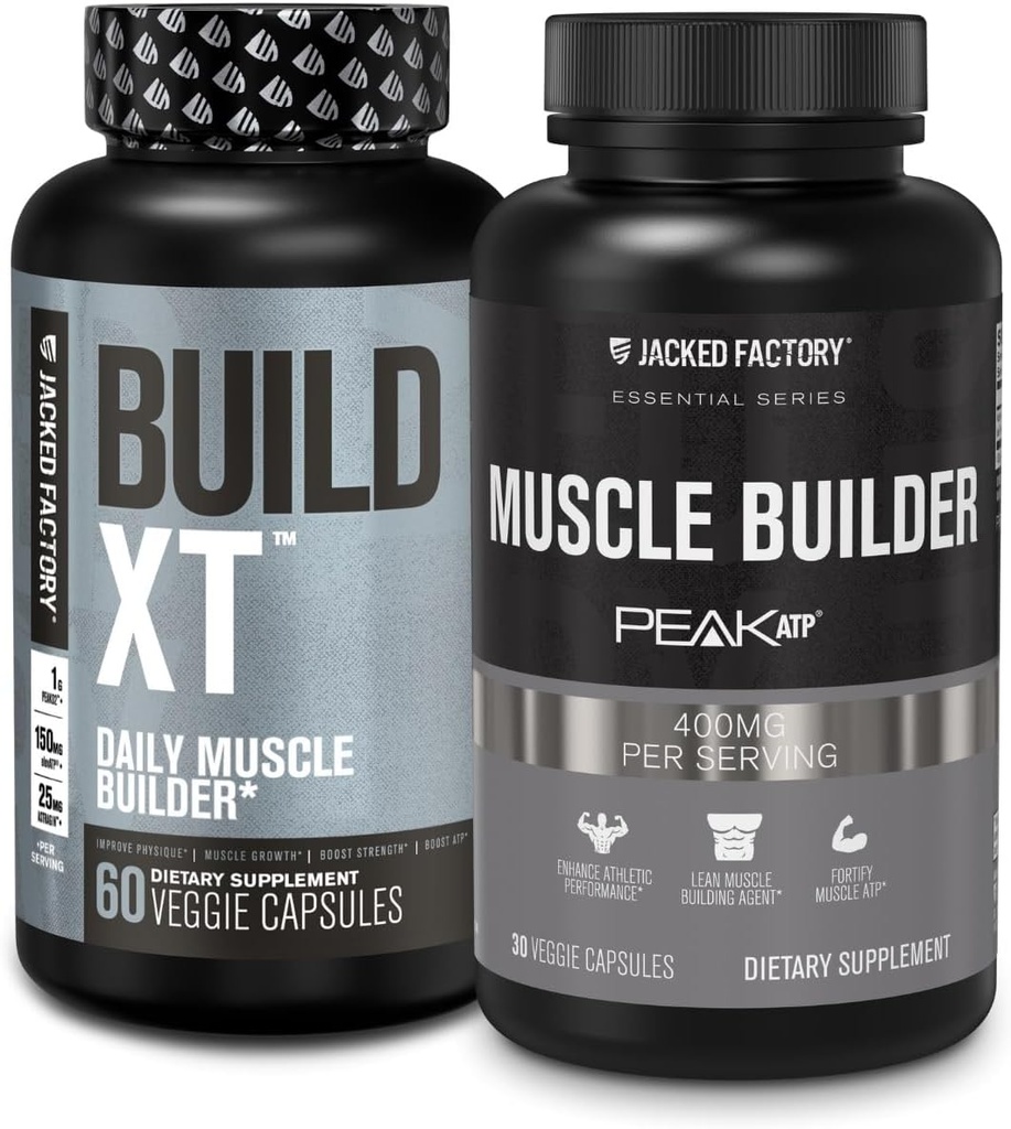Jacked Factory Build-XT Daily Muscle Builder and Performance Enhancer (60 capsules) & Essentials Muscle Building Supplément pour la force et la croissance (30 capsules)