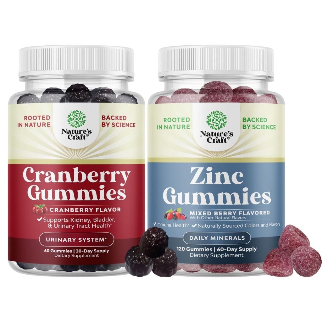Bundle of Natural Cranberry Gummies for Women and Men and Extra Strength Zinc for Adults - Extra Strength Delicious Antioxydant Cranberry Chews - Chewable Zinc Citrate 50mg Immunity