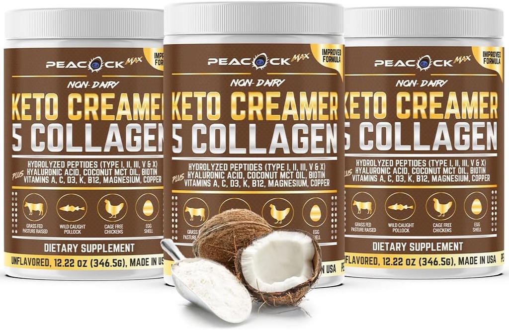Collageen Keto Coffee Creamer Powder 12.22 oz, Pack of 3, Hydrolyzed Collageen Peptiden met Coconut MCT Olie, Magnesium, Unflavored Protein Powder, Suikervrije Koffie Creamer voor Smoothies