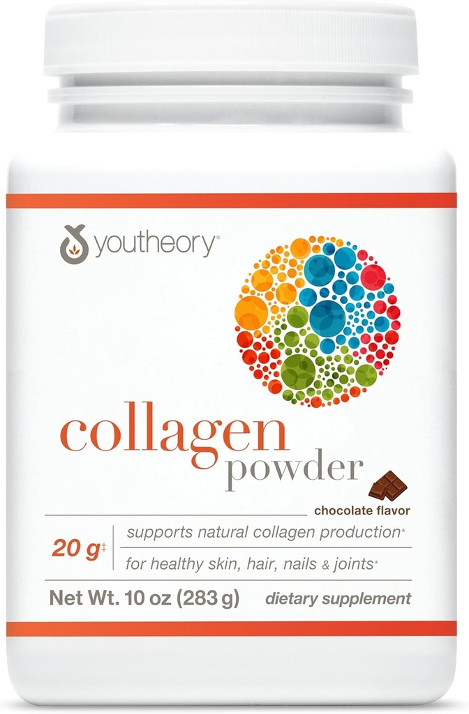 Youtheory Collageen Powder - with Amino acids, Minerals, Vitamin C & B7 (Biotin) - Supports Healthy Bones, Muscles, Hair, Nails, Skin & Joints* - Hydrolyzed - Chocolate - 10 oz (12 Servings)