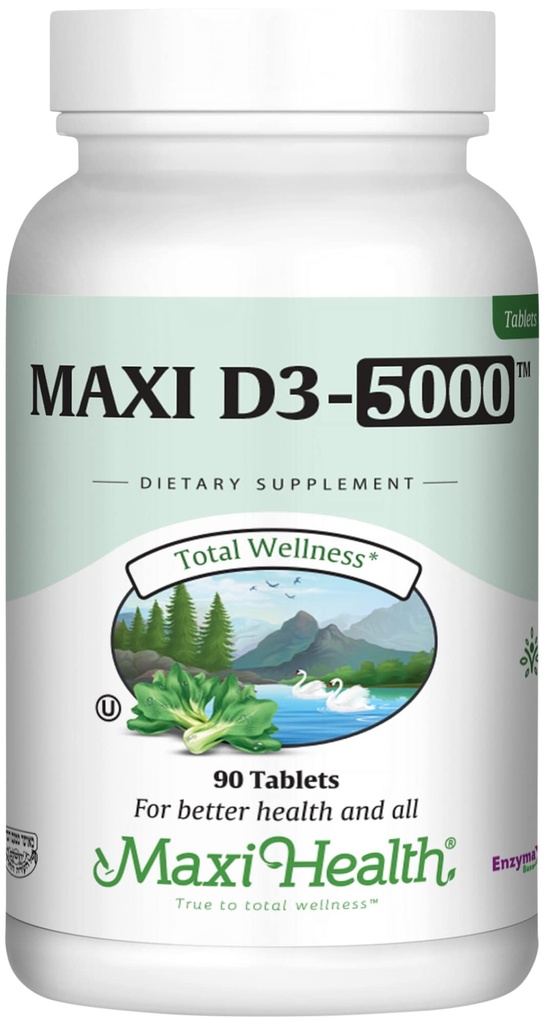 Maxi Health Vitamin D3 5000 IE (125 mcg) - High Dose Vitamin D 5000 IE - Healthy Bones, Teeth, Immune Support - Kosher Pure High Potency Vit D3 (90 tabletten)
