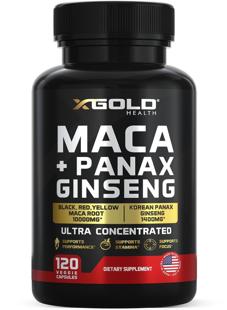 Maca Root Capsules 10.000mg + Korean Panax Ginseng 1,400mg - 20x Geconcentreerd Extract Zwart + Rood + Geel Maca Wortel, 10x Geconcentreerd Extract Panax Ginseng Capsules - Ultra Potent & Hoog gezuiverd