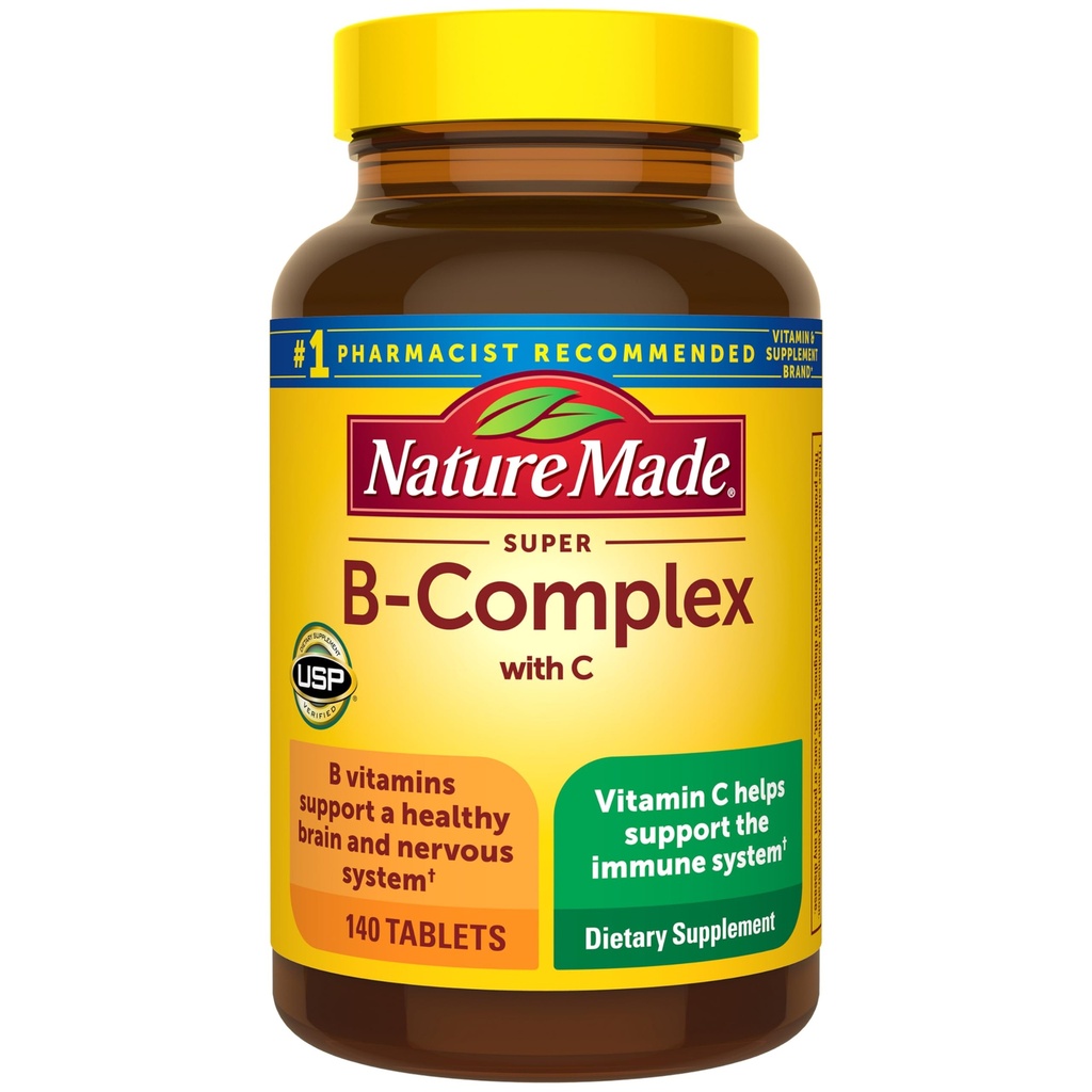 Nature Made Super B Complex met vitamine C & Folic Acid, B Complex Vitaminen voor vrouwen en mannen, Dieetsupplement voor Immune Support, 140 tabletten, 140 dagen levering