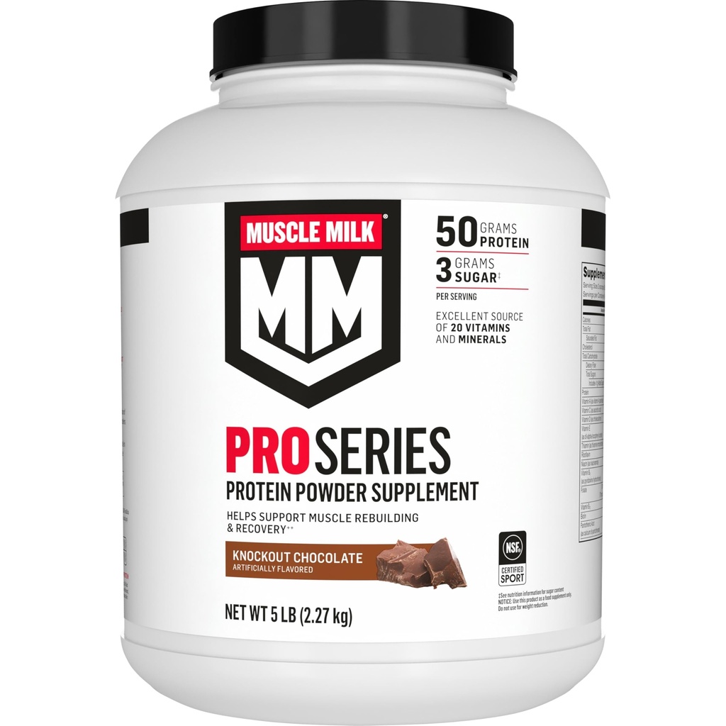Muscle Milk Pro Series Proteïnepoeder Supplement, Knockout Chocolade, 5 Pond, 28 Servers, 50g Proteïne, 3g Suiker, 20 Vitaminen & Mineralen, NSF gecertificeerd voor Sport, Workout Herstel