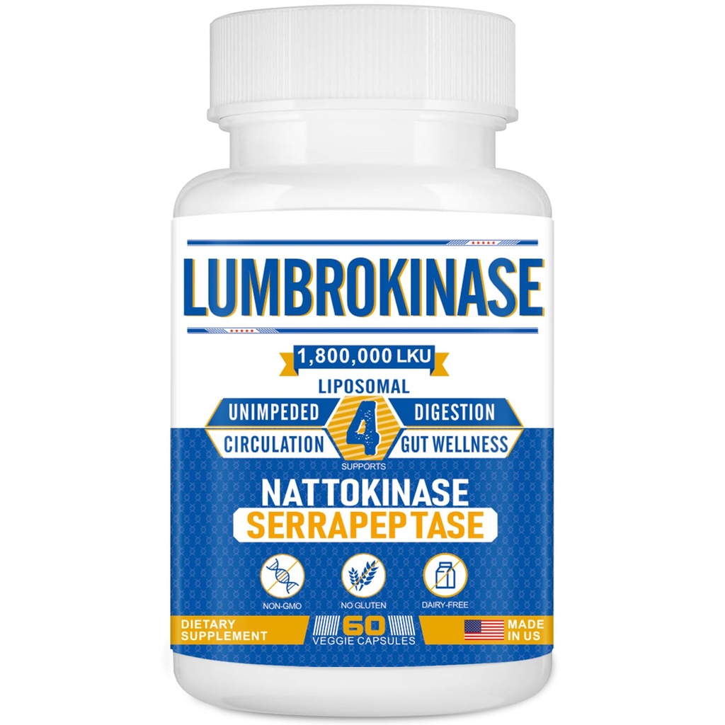Liposomal Lumbrokinase Nattokinase Serrapeptase Complex, Lumbrokinase Supplement for Circulatie Heart Health and Digestie,60 Capsules