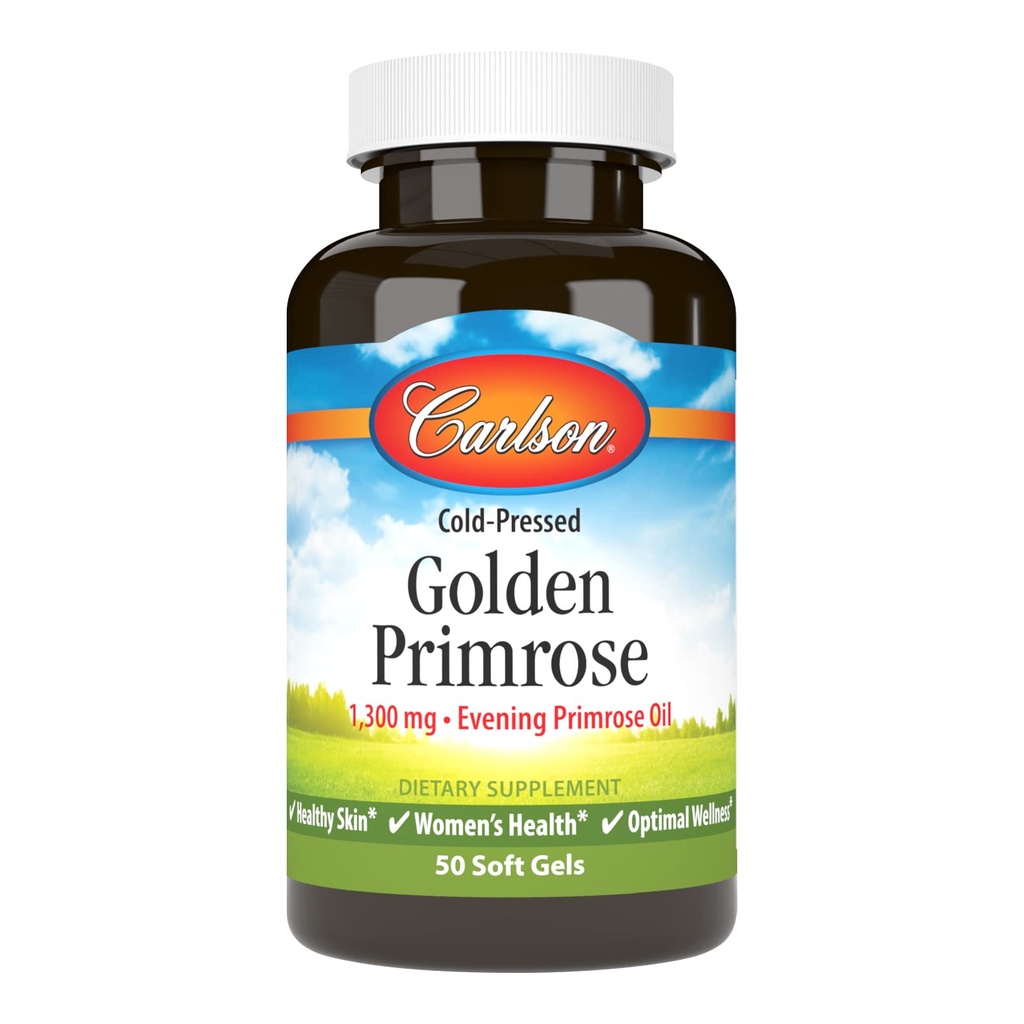 Carlson - Primrose d'or, 1300 mg Huile de Primrose du soir, pression froide, peau saine, santé des femmes et bien-être optimal, 50 softgels