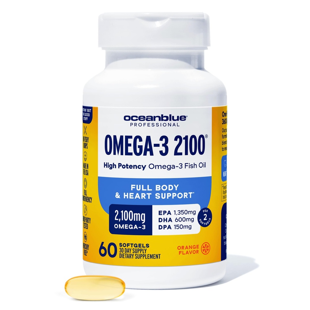 Oceanblue Professional Omega-3 2100-60 Comte - Supplément à l'huile de poisson sans Burpless à haute puissance avec EPA, DHA et DPA - Orange Flavor, 30 portions