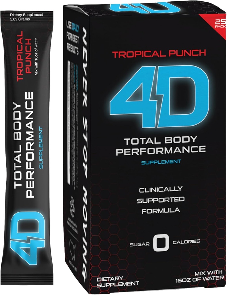 4D - Tropical Punch 25 Unit Box- Vitaminen & energiepoederverpakkingen - Zero Calorieën & Sugars - Glutenvrij, niet-GMO, Keto & Vegan vriendelijk