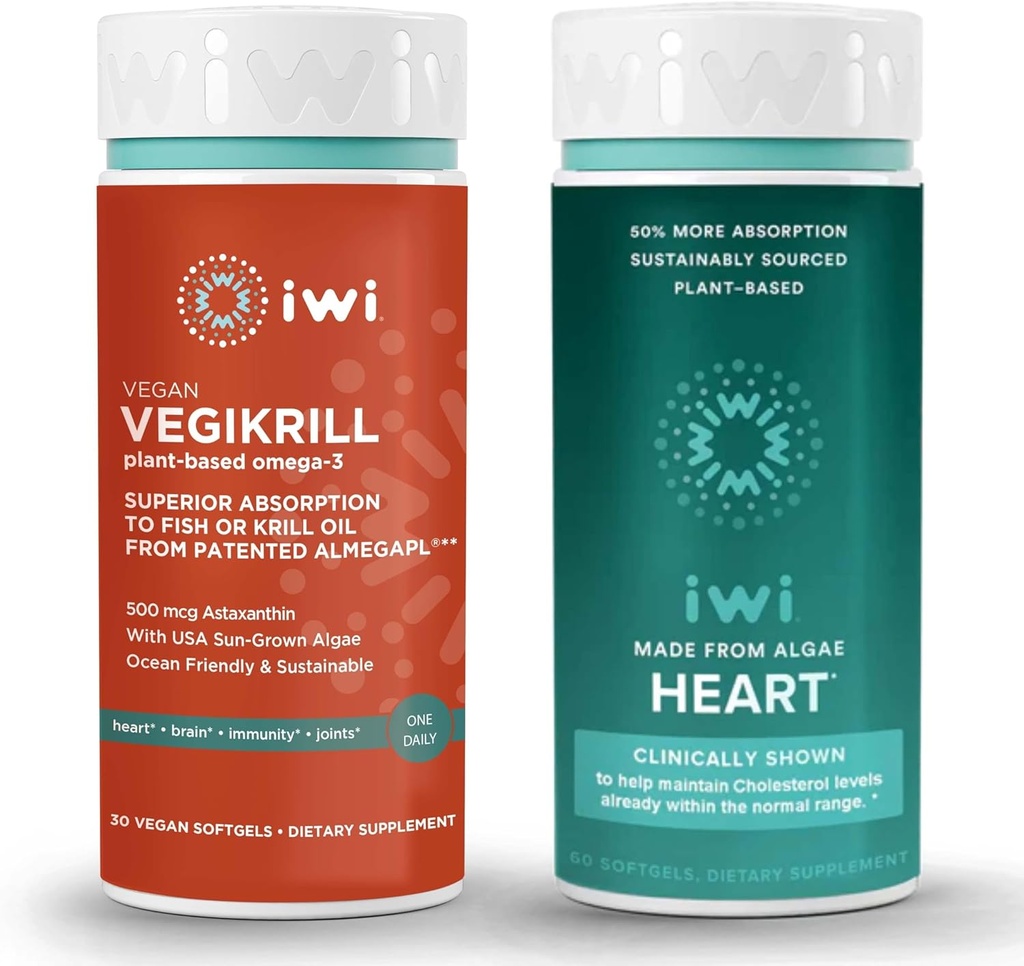 Iwi Life Vegikrill & Heart Omega-3 Bundle, 30 Servings, Vegan Plant Based Algen Omega 3, Krill & Fish Oil Alternative, No Fishy Aftersmaak