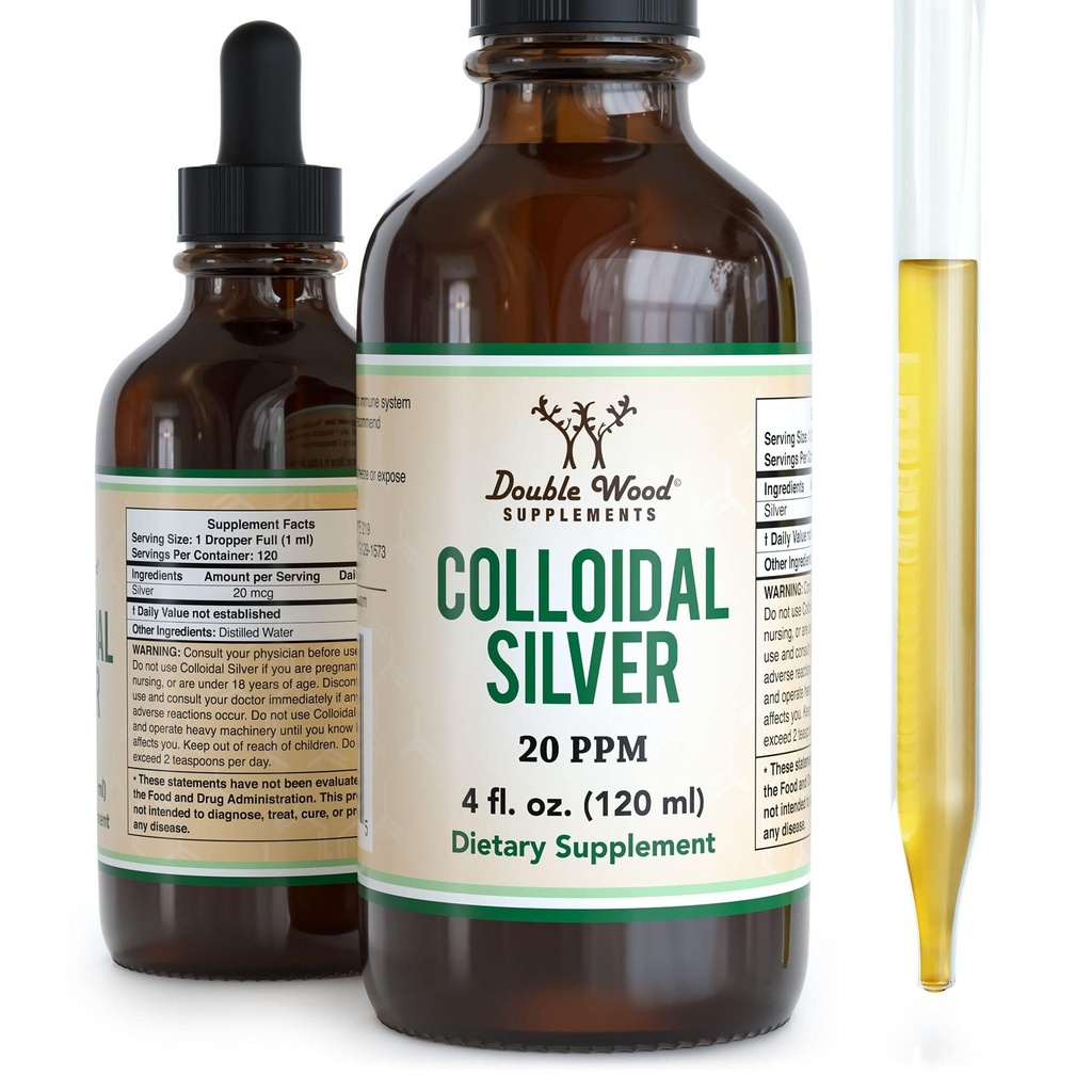 Colloïdaal Silver Liquid 20 PPM - 4 Fl OZ (Plata Coloidal with Dropper) 99,9% Pure, Glutenvrij, Non-GMO by Double Wood Supplements