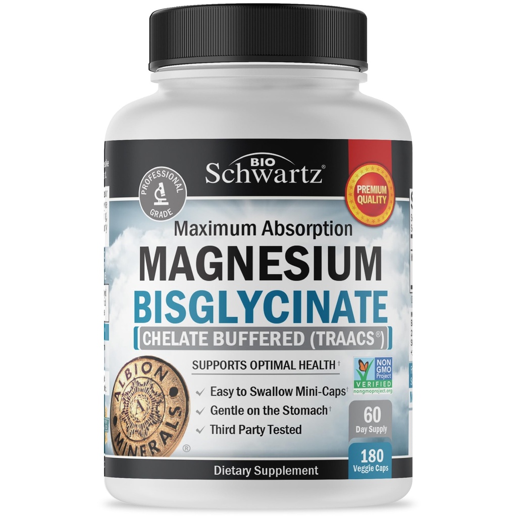 Supplément chélaté au bisglycin de magnésium - Supplément de magnésium à haute absorption pour support musculaire, osseux et articulaire - non-OGM, non-laxatif, entièrement tamponné pour une biodisponibilité maximale - 180 capsules