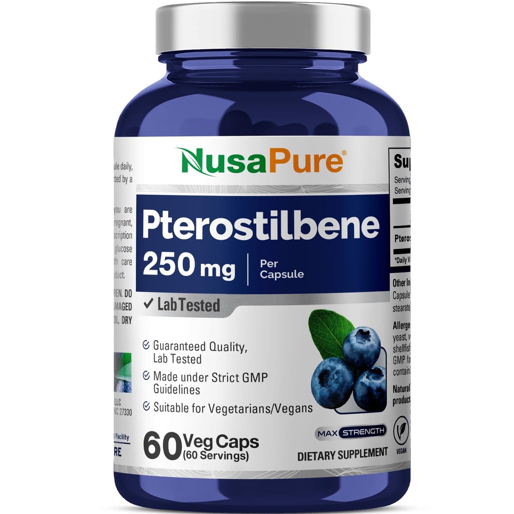 NusaPure Pterostilbene 250mg per Veggie Caps, 60 Telling (Non-GMO, Veganist)