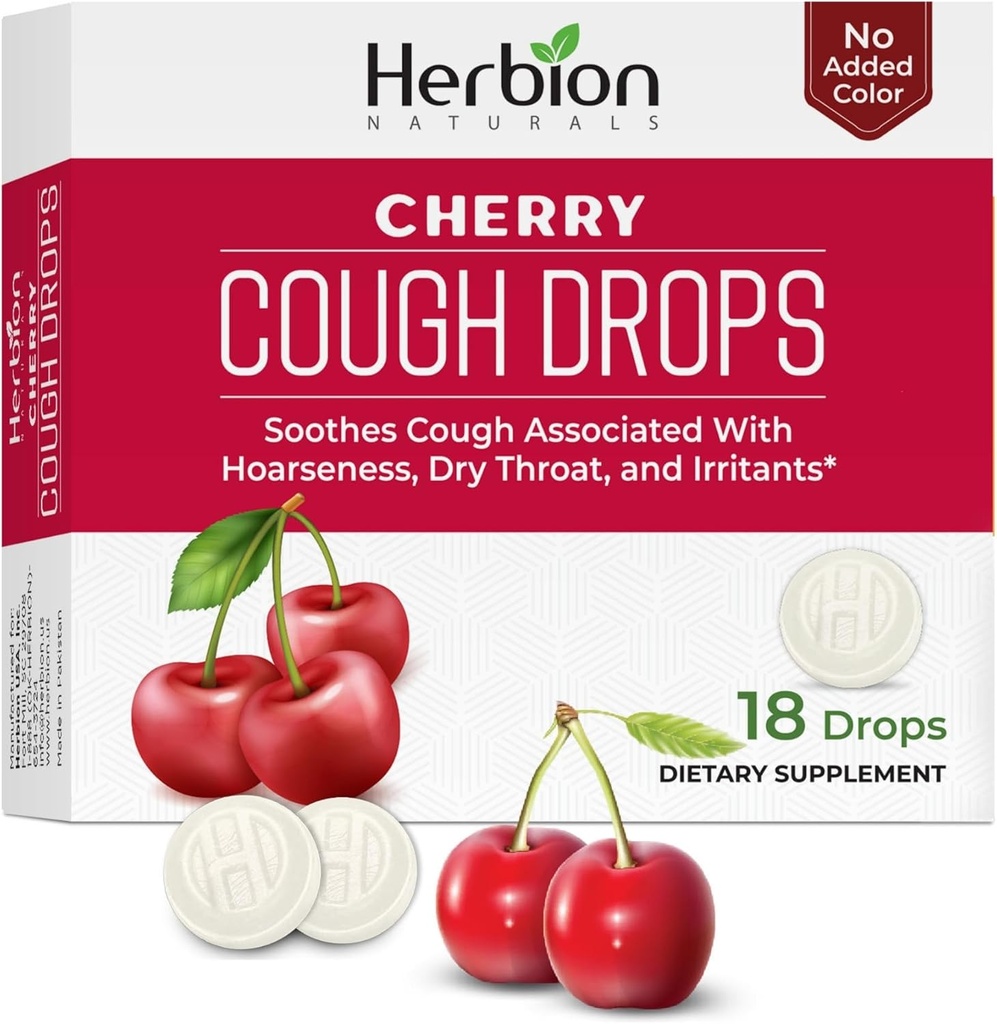 HERBION Naturals Cough Drops, Dieetsupplement, Soothes Hoest, voor volwassenen en kinderen ouder dan 6 jaar, Geen kunstmatige smaak, Geen toegevoegde kleur (18 tellen (pakket van 1), Cherry)