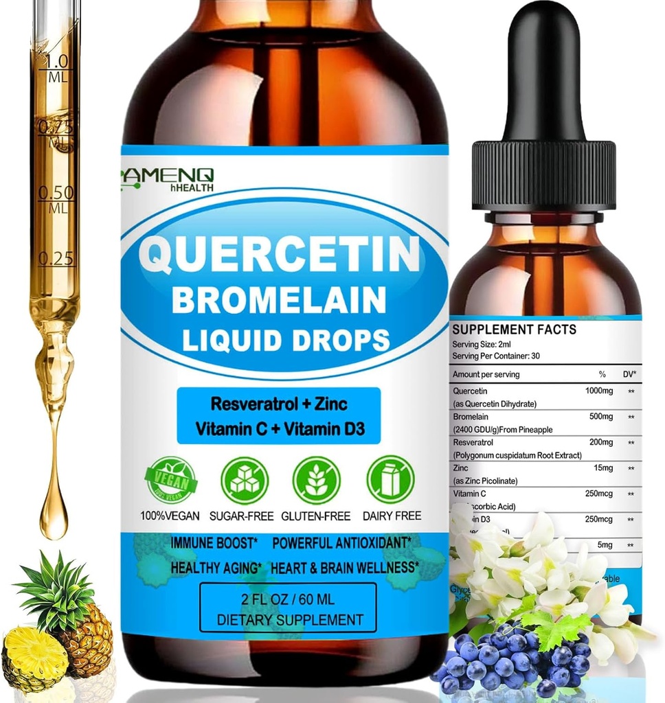 Quercetine met vitamine C en zink - quercetine vloeibare druppels - quercetine met bromelaïne - zinkquercetine - Immuunondersteuningssupplement voor respiratoire gezondheid en reactie van het lichaam op incidentele allergieën