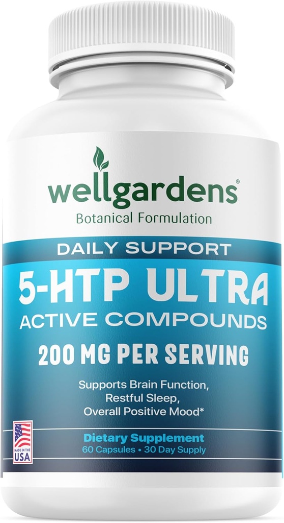 100% Pure 200 MG 5-HTP Ultra voor gezonde slaap en gevoel voor welzijn - Ondersteuning Mood, Stress, Slaap - 5HTP Supplement met Calcium - 60 5HTP 200mg capsules, 30 porties