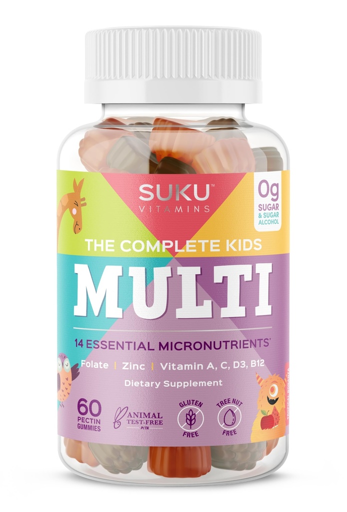 SUKU L'enfant complet Multivitamine Gummies – Vitamines A, C, D, E, B6, B12, Folate & Zinc – Immune support, sans sucre, sans gluten, non-OGM, Tropical Bonanza Flavor – 60 comte