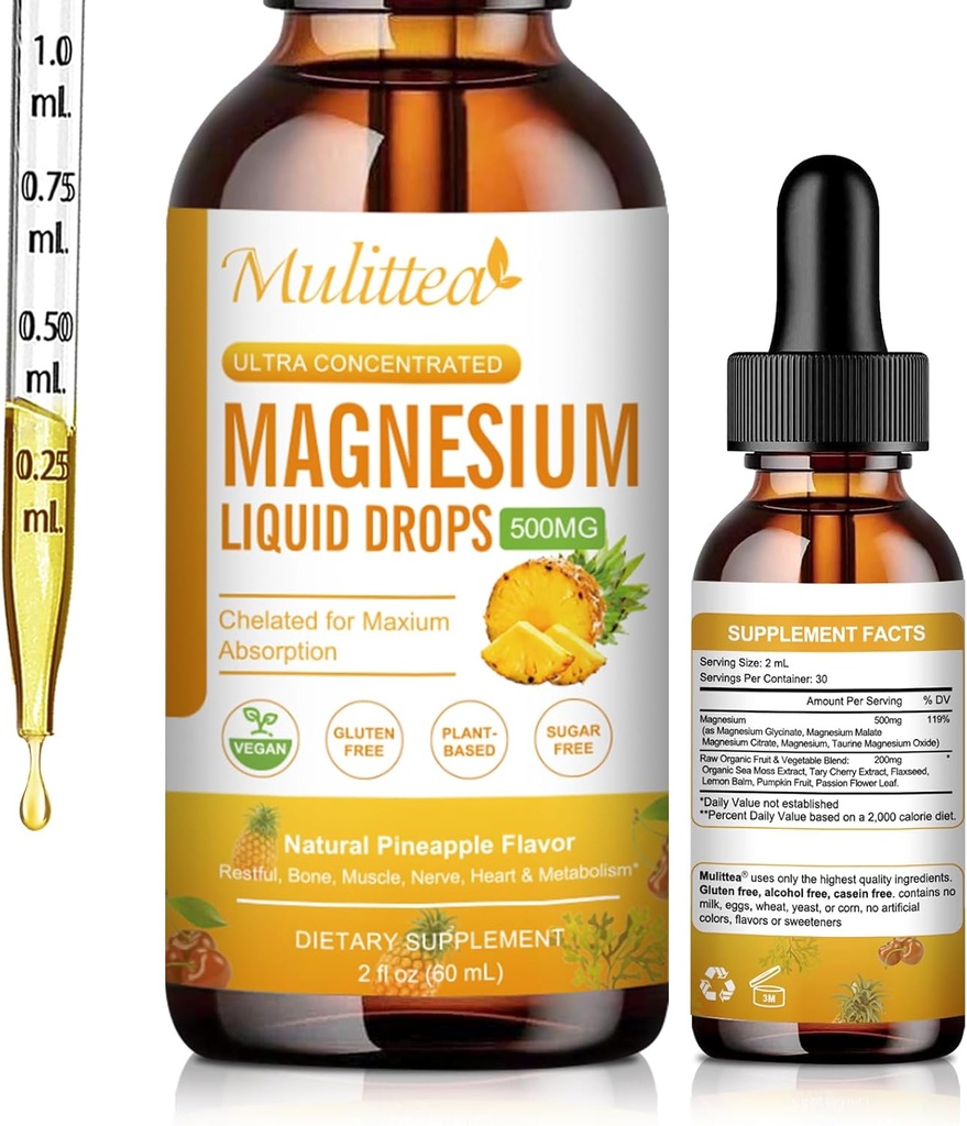 Magnesium Liquid Drops - Hoge Absorptie 5-in-1 Magnesium Complex Supplement met Magnesium Glycinate, Malate, Citrate, Taurate - voor bot, spieren, nerves & Energy - Vegan, Sugar Free, 2 Fl.oz