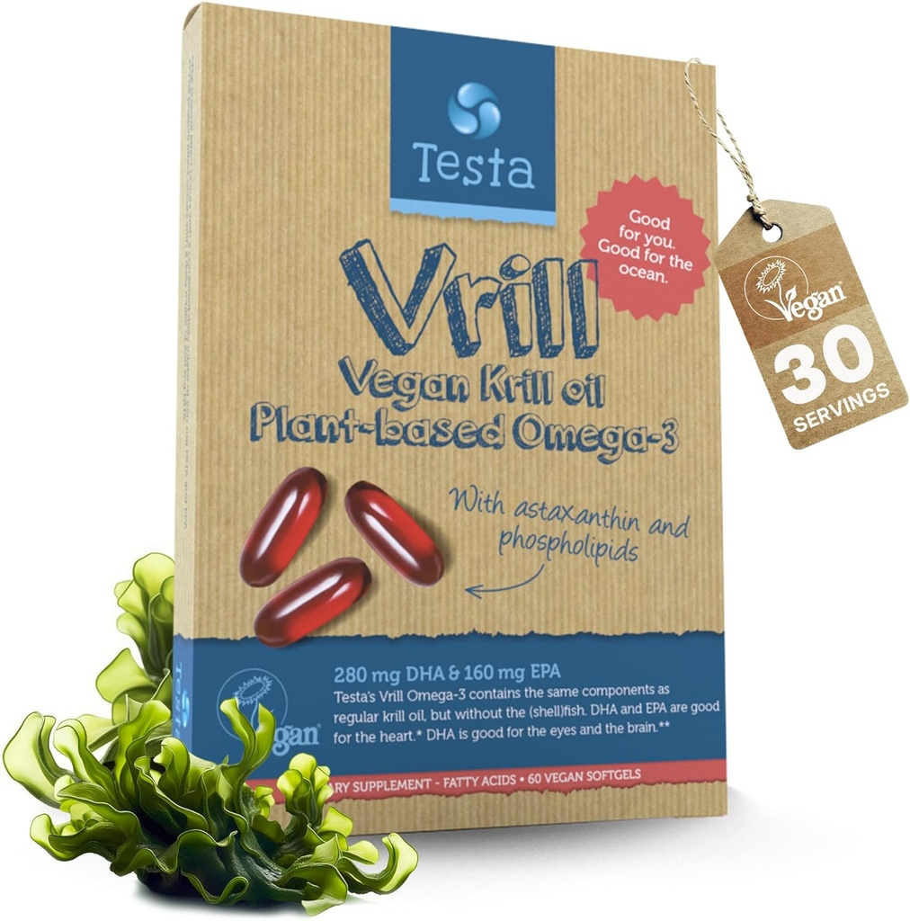 Testa Omega 3 Vegan Krill Supplement-1000mg Softgels, 2 Times More Omega-3, DHA, EPA, Astaxanthine, Fosfolipiden - Hart, Hersenen, Oog, Gezamenlijke Ondersteuning - Niet van Vis, Algen Bron - 60 Softgels