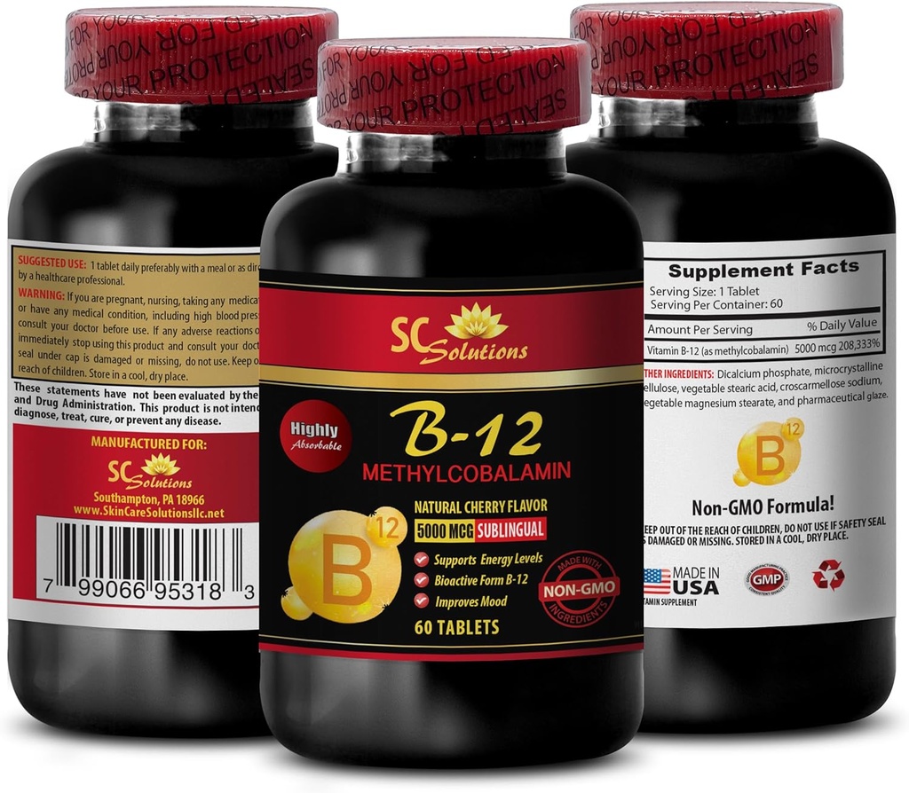 methylcobalamine foliumzuur - METHYLCOBALAMIN VITAMINE B-12 5000 - energiesupplementen voor mannen ouder dan 50, energiesupplementen voor tieners, uithoudingsvermogen & uithoudingsvermogen, immuun booster, vitamine b 12 - 1 Fles 60 Tab