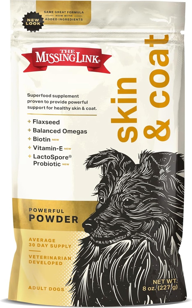 The Missing Link - Supplément pour chien naturel Superfood - Omega 3 & 6 équilibré pour soutenir la peau et le manteau sains – formule de peau et de manteau – 8oz
