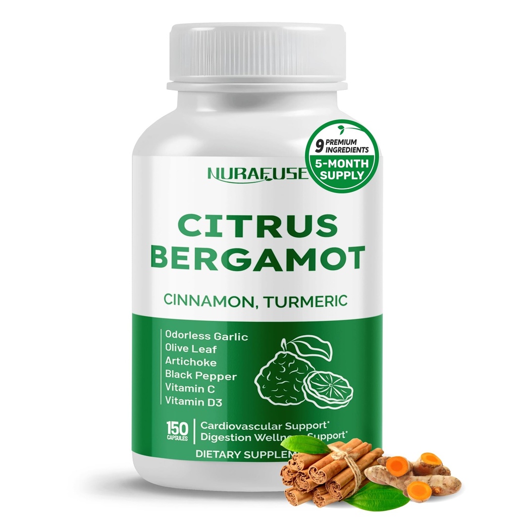 Citrus Bergamot 9-in-1 Formule - met kaneel Kurkuma Odorless Knoflook, Olive Leaf, Artichoke - Made and Tested in The USA